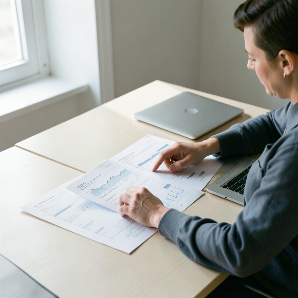 Analyst adjusting printed dashboard printouts next to a laptop