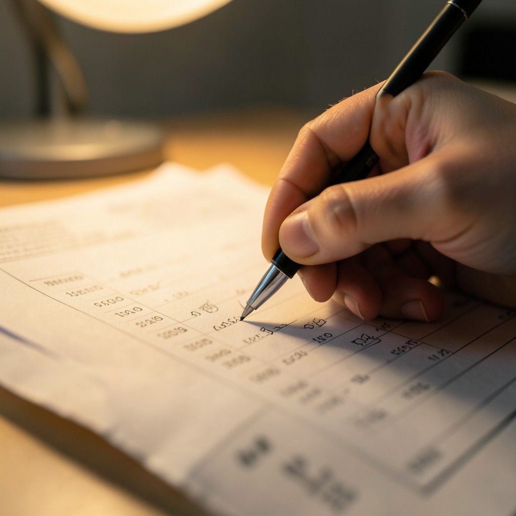 Hand marking discount percentages on a printed retail price sheet