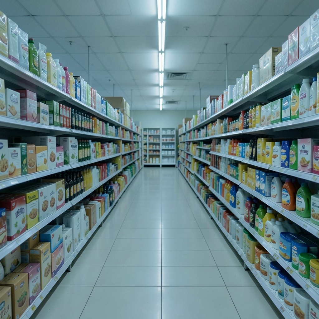 Quiet hypermarket aisle with packaged goods under cool overhead lighting