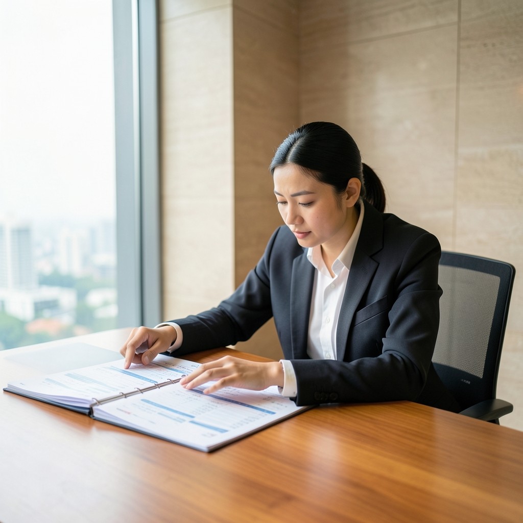 Retail strategist reviewing printed pricing charts beside category binders in a bright Bangkok office