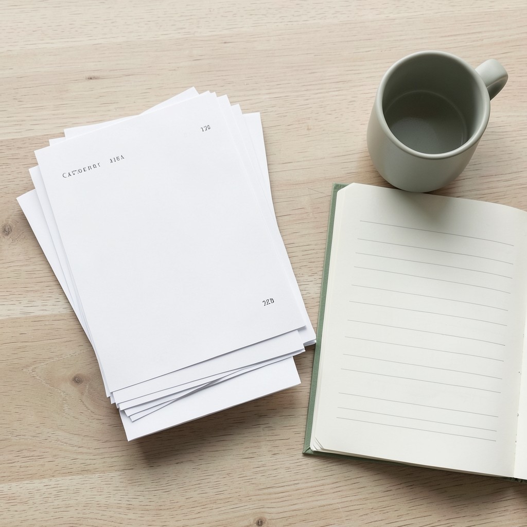 Printed category price sheets beside a notebook on a wooden table