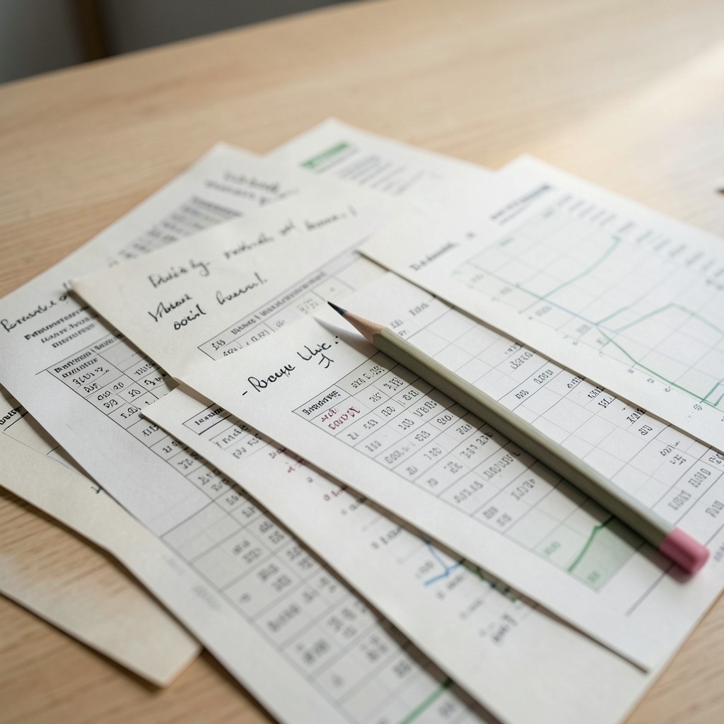 Close view of pricing performance sheets and notes on a desk