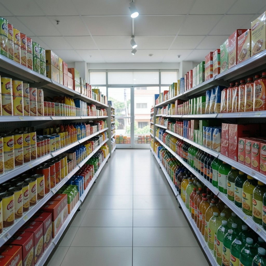 Retail aisle shelves with packaged goods under soft natural light